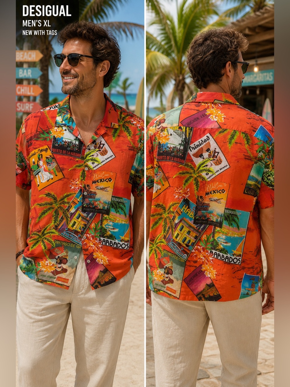 Desigual Mens XL Postcard Print Camp Shirt NEW 100% Cotton Tropical vacation fun
